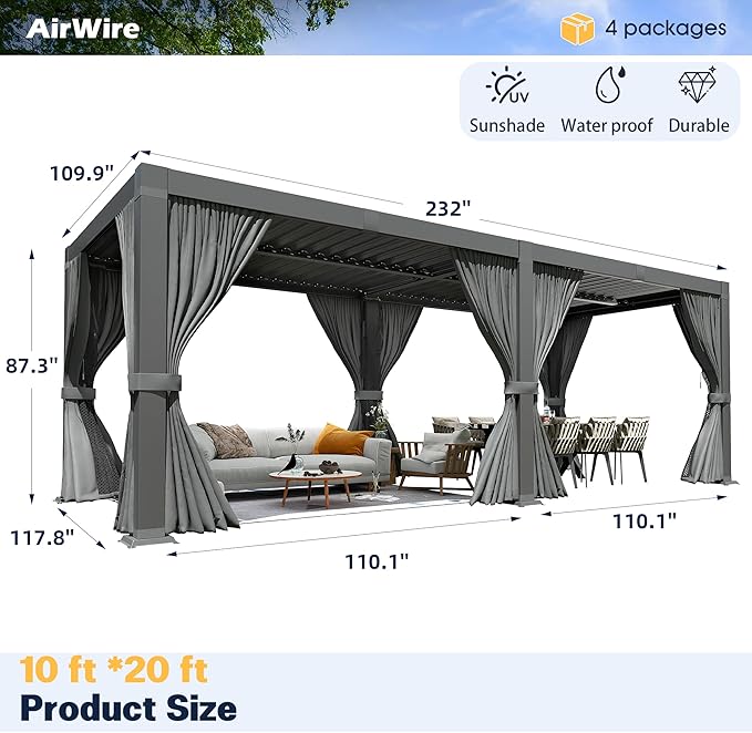Pergola 10x20 Ft Louvered Pergola, Aluminum Outdoor Pergolas W/Adjustable Roof, Waterproof Curtains and Nets, Outdoor Gazebo for Deck,Patio,Backyard and Garden