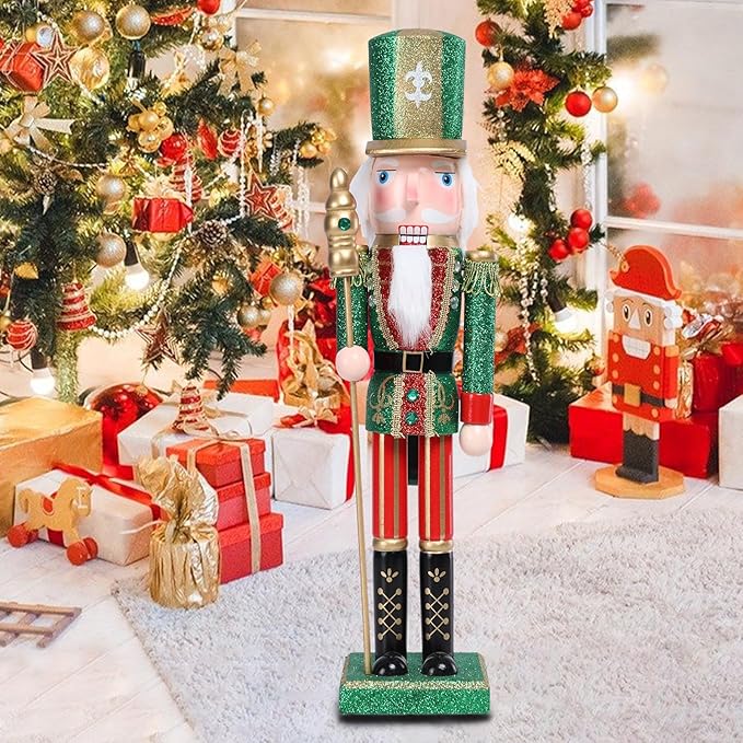 Christmas Nutcracker Decorations Nutcracker Figure 15 Inch Wooden Nutcrackers Collectible Ornament Nutcracker Soldier for Table Desktop Home Christmas Decor Xmas Indoor Decor Green