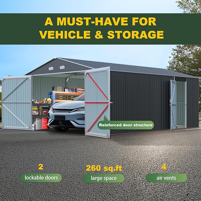 Outdoor Storage Shed 20x13 FT, Sheds & Outdoor Storage Clearance - Metal Garage Shed for Car, Truck, Bike, Garbage Can, Lawnmower - Backyard Tool House Building with 2 Doors and 4 Vents