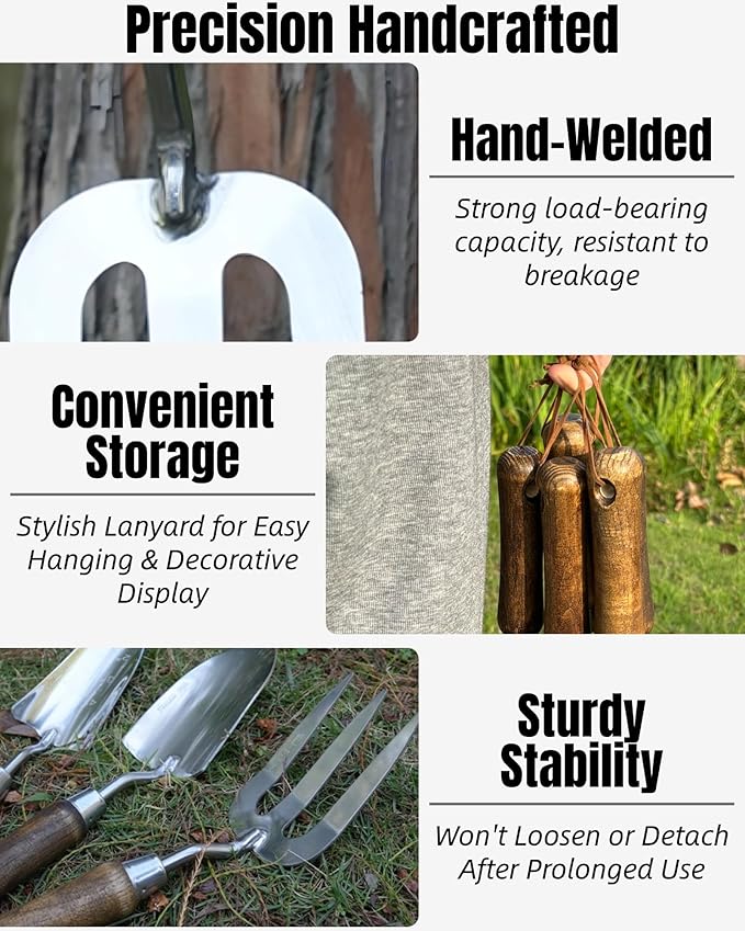 Garden Tool Set, 6PCS Heavy Duty Stainless Steel Gardening Hand Tools with Ropes, Includes Hand Cultivator Shovel Trowel Transplanter 2-in-1 Hoe Pruner, Ideal Gardening Gifts for Women Men (Standard)