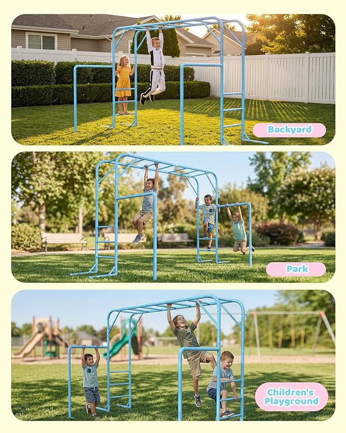 Outdoor Monkey Bar Set with Climbing Frame, Gymnastics bars, Playground Set for Backyards, Metal Monkey Bar for Kids Age 3 and Up, Backyard Playground Set with Powder Coated Steel, SkyBlue