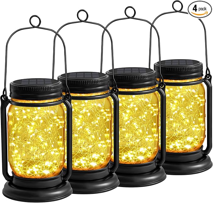 4 Pack Hanging Solar Lantern Lights,Gifts for Woman Mom Grandmom, Vintage Glass Mason Jar Solar Fairy Lights,Outdoor Decorative Waterproof Table Lamp with Stakes for Patio Yard Lawn Tree