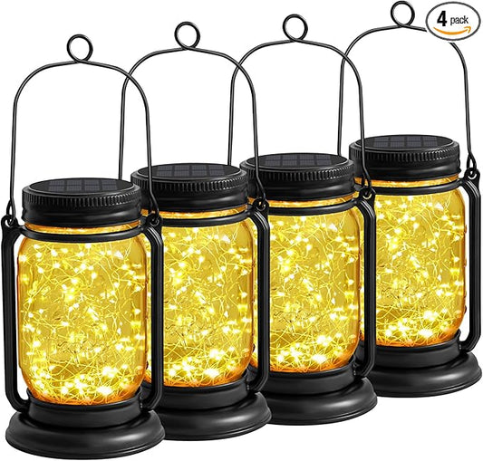 4 Pack Hanging Solar Lantern Lights,Gifts for Woman Mom Grandmom, Vintage Glass Mason Jar Solar Fairy Lights,Outdoor Decorative Waterproof Table Lamp with Stakes for Patio Yard Lawn Tree