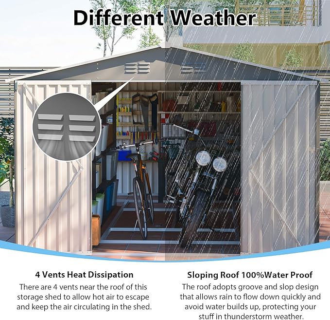 10x14 FT Outdoor Metal Storage Shed with Side Door & Floor Frame, Extra-Large Tool Shed with Lockable Double Doors, Weatherproof Garden Shed for Backyard, Lawn Equipment and Patio Storage