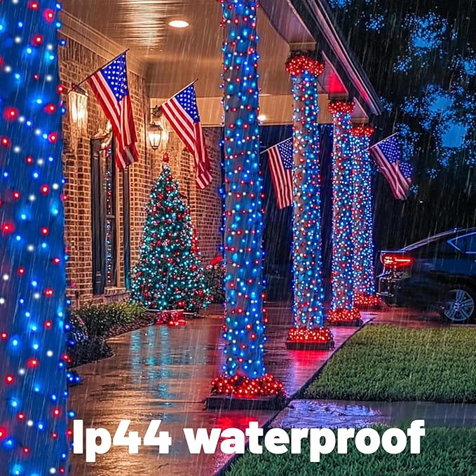 4th of July Lights, 200 LED 66ft Red White and Blue Patriotic String Lights Plug-in, 8 Modes &Timer Waterproof for Outdoor Indoor Independence Day, Memorial Day, Holiday Decor