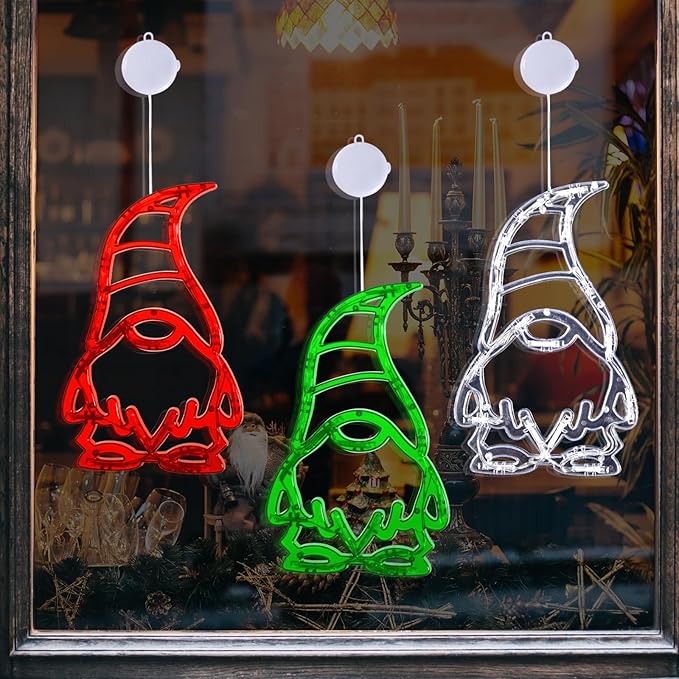 LOLStar Christmas Window Lights 3 Pack Red White and Green Gnomes Xmas Lights with Suction Cups 2024 Upgrade Timer Function and Slowly Fade Mode Battery Operated Indoor Decors Christmas Decorations
