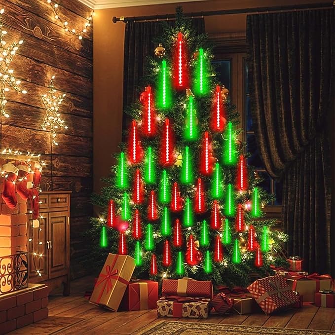 Solar Meteor Shower Lights Outdoor Decorations, Waterproof Christmas Lights Solar Powered, 16 Tubes 384LED Rain Drop Light, Snow Cascading String Light for Xmas Tree Party Garden Decor(Red and Green)