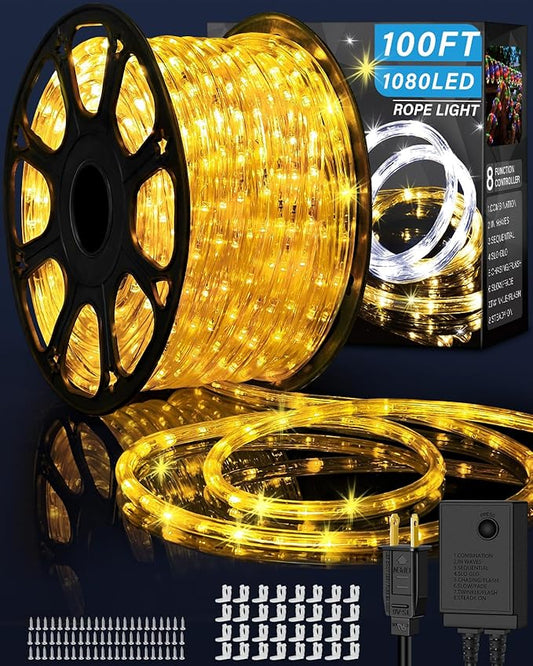 Coroor 100ft 1080 LED Rope Lights Christmas Outdoor Waterproof, Flexible Connectable Tube Lights with 8 Modes, String Lights Decorative Lighting for Garden Patio Tree Bedroom Xmas Decor(Warm White)