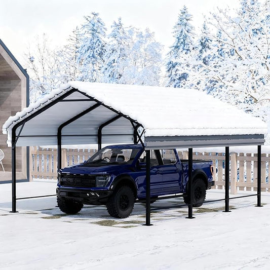 JAMFLY Carport, 12X15 FT Metal Carport, Heavy Duty Carport Canopy with Galvanized Steel Roof and Frame, Metal Car Garage Upgraded Extra Large Garage for Pickup, Boat, Car and Tractors