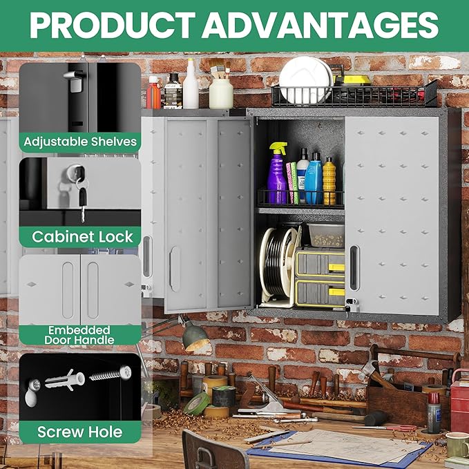 Garage Wall Cabinet,29.5 W Wall Mounted Garage Cabinets with Adjustable Shelf,Heavy Duty Lockable Metal Cabinet,Secure Hanging Tool Cabinet for Basement,Laundry Room,Workshop,Black/Grey