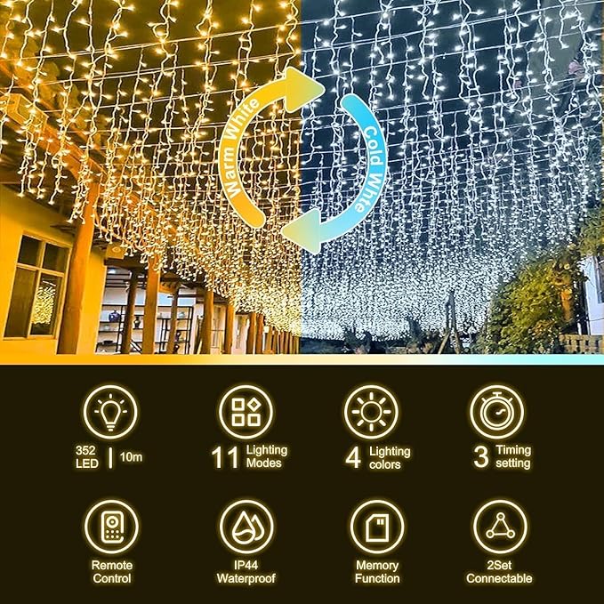 33FT Icicle String Lights (Warm White and Cool White) for Outdoor 352 LED 11 Modes Christmas Decorations Curtain Fairy String Lights with 64 Drops Remote Control for Wedding Party Holiday Decor