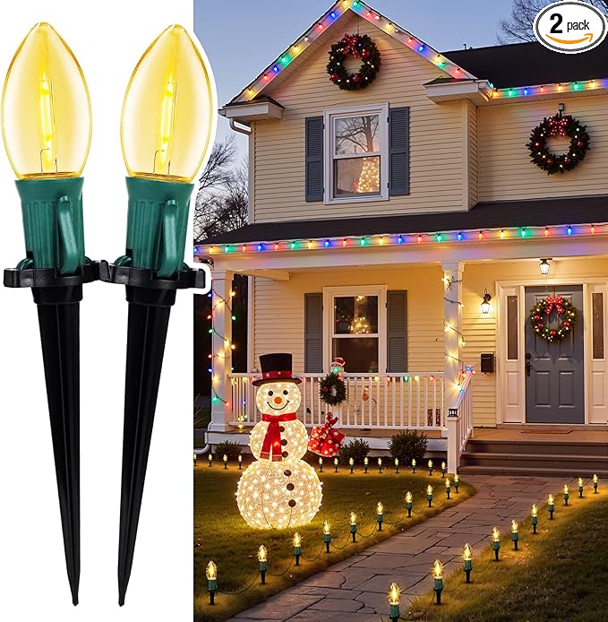 C9 Christmas Lights, 51.4ft Christmas Pathway Lights Outdoor with 40 LED Bulbs and Stakes, Connectable Waterproof String Lights for Path Driveway Sidewalk Lawn Yard Holiday Decorations, Warm White