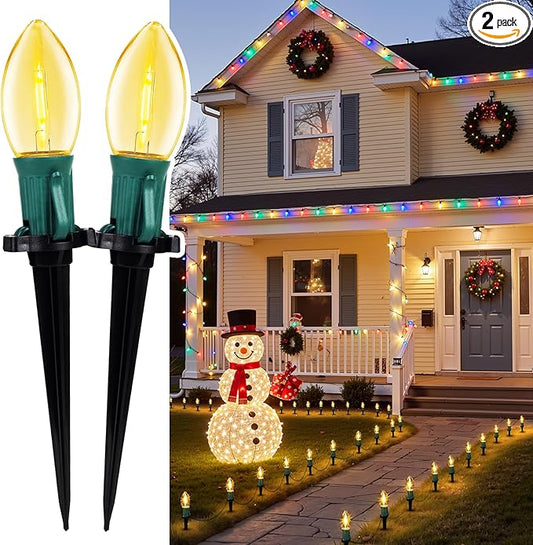 C9 Christmas Lights, 51.4ft Christmas Pathway Lights Outdoor with 40 LED Bulbs and Stakes, Connectable Waterproof String Lights for Path Driveway Sidewalk Lawn Yard Holiday Decorations, Warm White