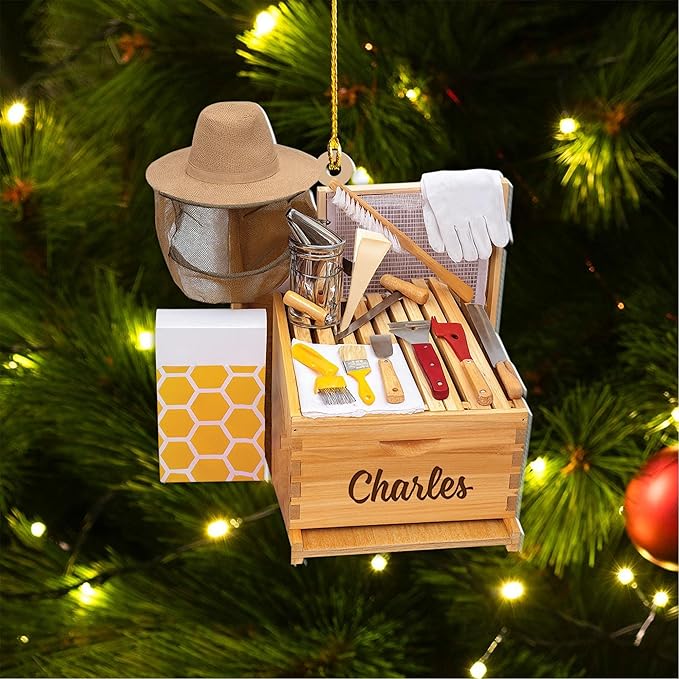 GABITA Personalized Beekeeper Ornament, Custom Name 2D Flat Beekeeping Tool Box Christmas Tree Decoration, Beehive Ornament Xmas Tree Decor, Gift for Bee Farmer