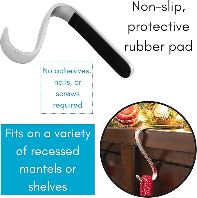 BIRDROCK HOME Christmas Stocking Mantel Hooks - Metal Fireplace Hanger with Non-Slip Pads - Holds Up to 10 lbs - Ideal for Hanging Stockings, Garland & Holiday Decor - 4 Pack, Scroll Design (Silver)