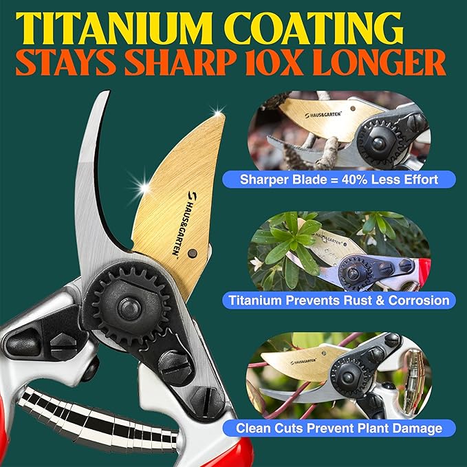 Haus & Garten PrecisionPRO 8 Titanium Pruning Shears - Heavy Duty Professional Bypass Pruner - Use As Rose Clippers, Premium Gardening Secateurs, Garden Scissors, Handheld Yard, Tree, & Plant Tool