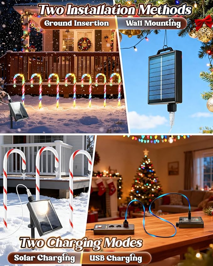 Anordsem Solar Christmas Decorations Outdoor: 21" Candy Cane Stake Lights 12 Pack - Waterproof LED 8 Colorful Lighting Models for Yard Garden Pathway Xmas Decor - 2026 New Year Gifts for Homeowners