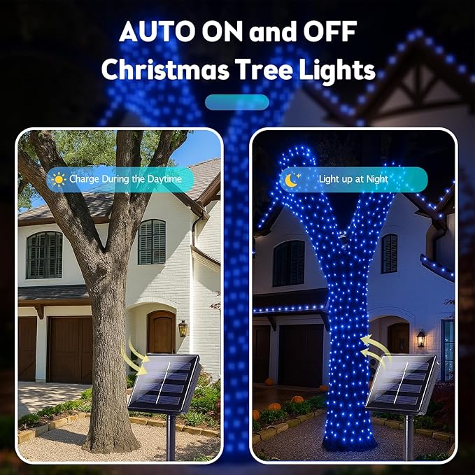 4 Pack 180FT Solar Christmas Lights Outdoor Waterproof, Super Bright 320 LED Solar String Lights with 8 Lighting Modes, Green Wire Solar Twinkle Fairy Lights for Outside Tree Xmas Party Garden(Blue)