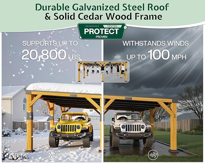 Jocisland 20x20x9.2 FT Cedar Wood Carport for 2 Cars, Heavy Duty Canopy Carport with Sloped Galvanized Steel Roof for All Weather, Permanent Shelter for Boats, Full-Sized Pickup Trucks & Tractors