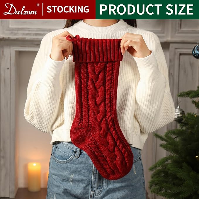 Dalzom® 4Pcs Personalized Christmas Stockings with Leather Patches Custom Name, 18” Premium Large Knitted Christmas Stockings for Kids, Family, Holiday and Fireplace Party Decoration