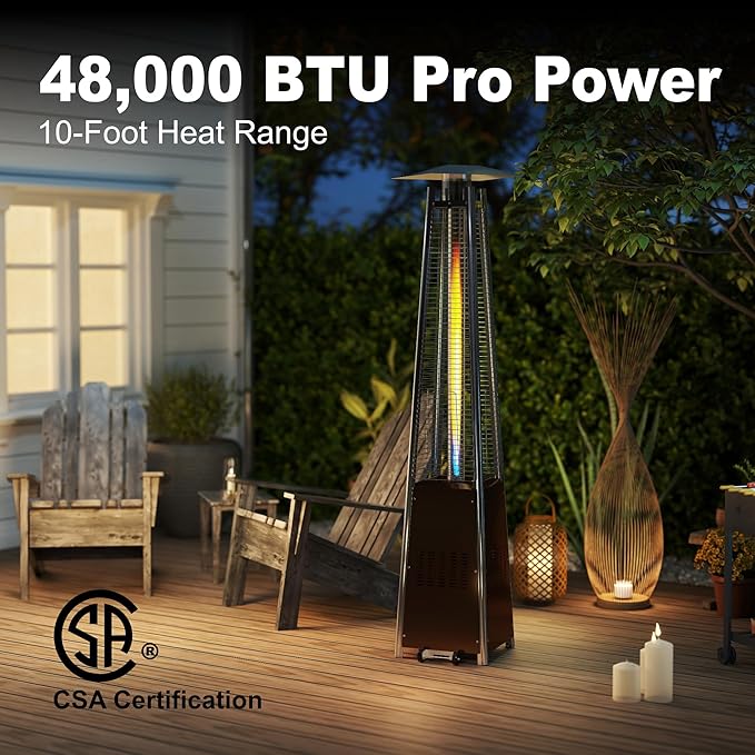 Kingdura 48,000 BTU Pyramid Patio Heater with Cover & Wheels, Outdoor Patio Heaters for Outdoor Use, Triple Safety Protection, 87 Quartz Glass Tube Propane Heater for Deck Backyard Commercial Balcony