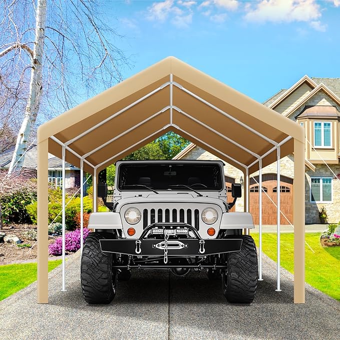 COBIZI Carports 10x20 Heavy Duty Canopy Car Garage with Windproof Ropes & Built-in Sandbags, Car Port Canopy Tent Waterproof & UV Protected for Car Boat Truck, Khaki