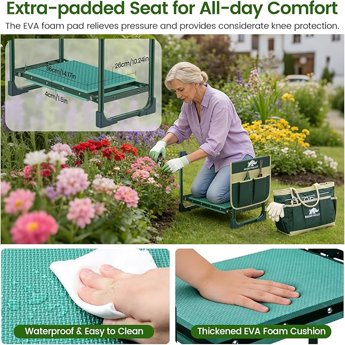 Garden Kneeler and Seat, Heavy Duty 2 in 1 Gardening Stool with Tool Side & Tote Bags, Foldable Gardening Bench to Relieve Knee & Back Pain, Garden Chair Gifts for Women, Seniors