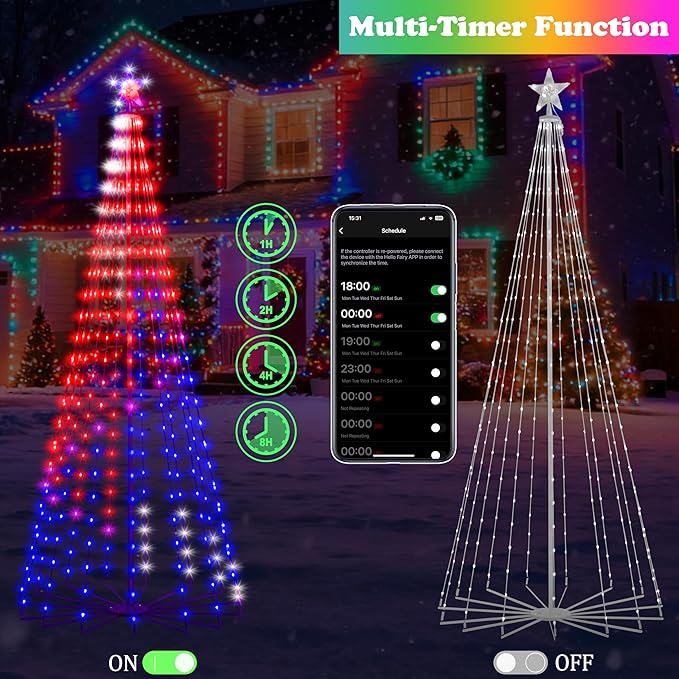 8FT Lighted Outdoor Christmas Tree, 340 LED Smart Cone Tree, Music Sync RGB Fairy Lights, LED Light Show, APP and Remote Control, Timer Function, Perfect for Outdoor Christmas Decorations