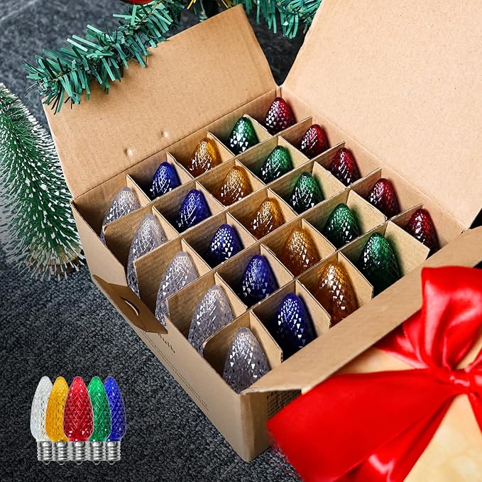 25 Pack Multicolor C9 LED Christmas Lights Replacement Bulbs, Shatterproof Plastic C9 Led Bulbs for Outdoor String Lights, E17 Base, 0.6W Equivalent to 7W, 50lm Holiday Decoration