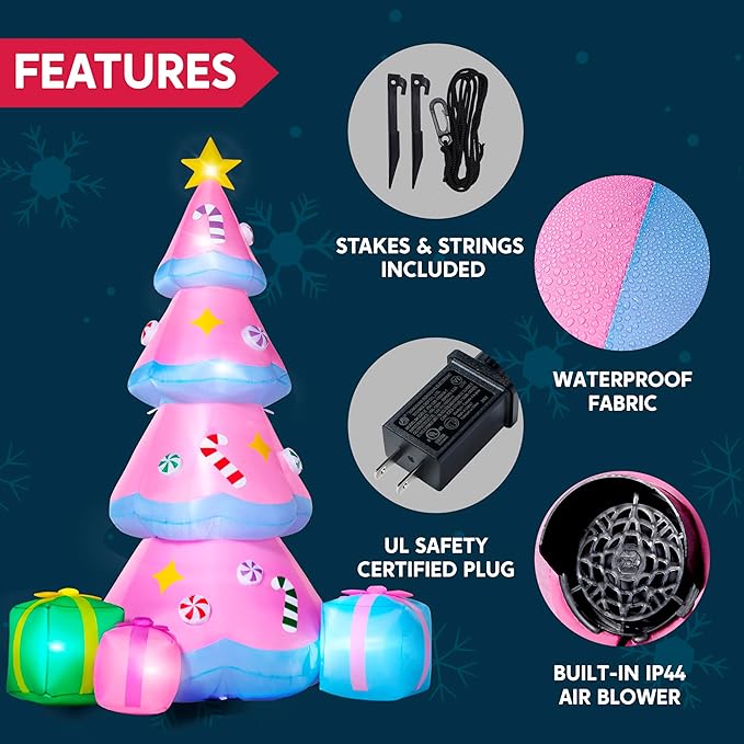 JOIEDOMI 7 FT Tall Christmas Tree Inflatables Outdoor Decoration, Christmas Inflatable Pink Tree with 3 Gift Boxes, Blow Up Xmas Tree with Build-in LEDs for Xmas Outdoor Yard Garden Lawn Decor