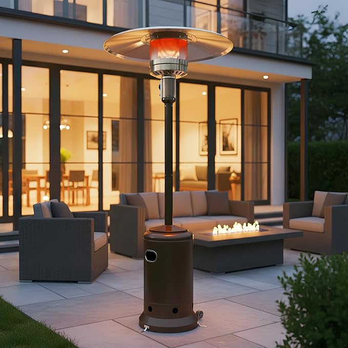 Sundale 50,000 BTU Patio Heater with wheels, Double-Layer Stainless Steel Burner Gas Powered Heaters for Outdoor Use, Propane Patio Heater for Home and Commercial Use, Heats Up to 18ft (Brown)