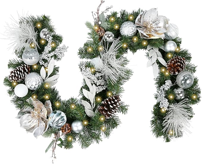 WBHome Pre-lit 6 Feet/72 Inch Christmas Garland, White & Silver Lighted Garland with 35 LED Lights for Indoor Outdoor Xmas Decor Holiday Decorations, Battery Operated (Batteries NOT Included)