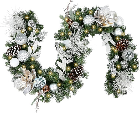 WBHome Pre-lit 6 Feet/72 Inch Christmas Garland, White & Silver Lighted Garland with 35 LED Lights for Indoor Outdoor Xmas Decor Holiday Decorations, Battery Operated (Batteries NOT Included)