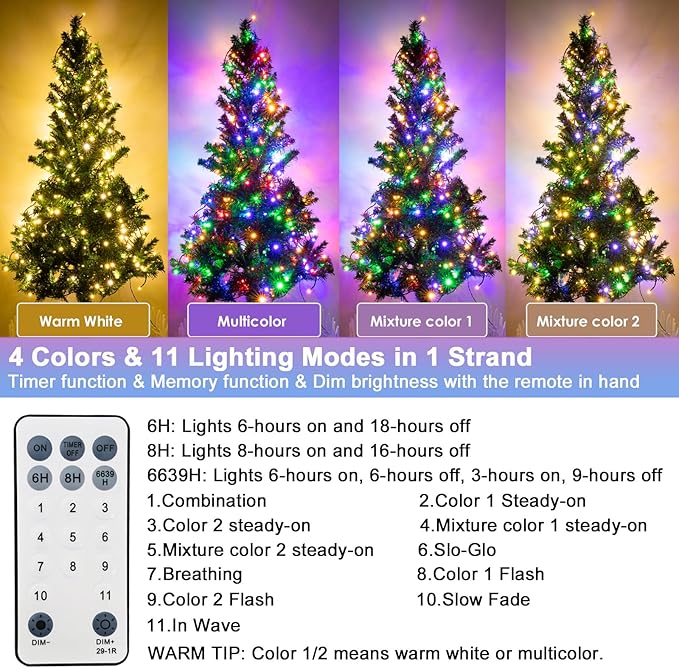 Christmas Lights 300 LED 108FT Color Changing Christmas Tree Lights with Warm White & Multicolor, 11 Modes Waterproof and Connectable Christmas String Lights with Remote for Xmas Decorations