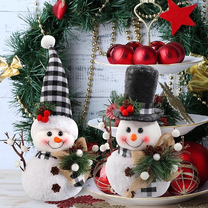 Black and White Plaid Snowman Decor (2-Piece Set) - Winter Christmas Plush Dolls for Tiered Tray, Mantel, or Tabletop Display, Indoor Home Decor