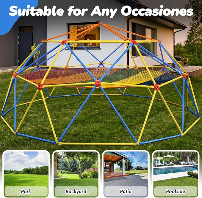 10FT Climbing Dome with Climbing Cargo Net, Outdoor Jungle Gym for Kids- Supports 1000LBS-Anti-Rust Metal Outdoor Play Structure ASTM Approved, Easy Assembly