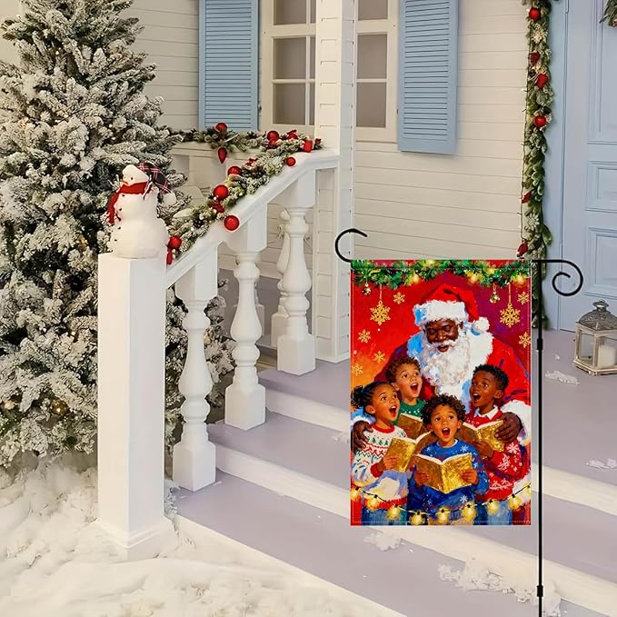 Merry Christmas African American Black Santa Garden Flag 12x18 Inch Double Sided Santa with Children Choir Red Snowflake Holiday Flags Outdoor Winter Yard Banner Welcome Flag Decor