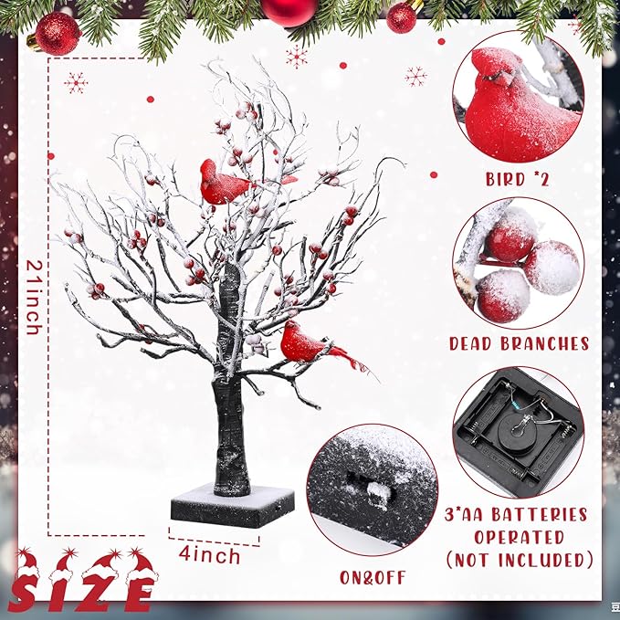 2 Pcs Vintage Glowing Tree with Cardinals Lighted Snow Christmas Mini Tree 24 LED Cardinal Little Red Bird Table Decoration for Tabletop Centerpiece Xmas Indoor Home Decor, Operated by Battery
