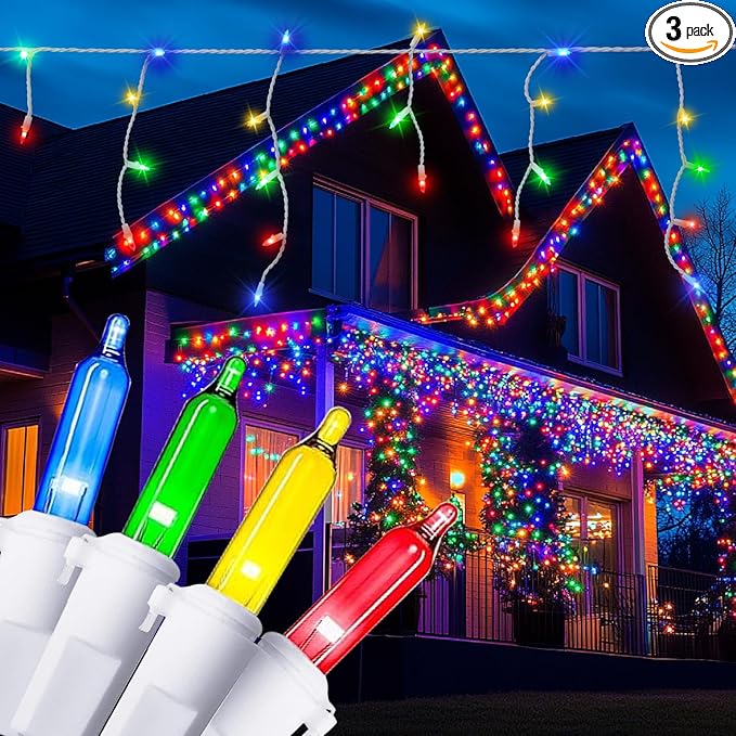 New One Icicle Lights Outdoor 3 Pack, 20.2 FT 150 LEDs Multicolor Icicle Christmas Lights with White Wire, Connectable Icicle String Lights with 39 Drops, Holiday Wedding Party Led Icicle Lights