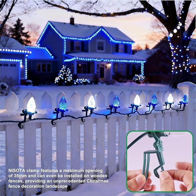 C9 LED Outdoor Christmas Lights,C9 String Lights with Quick Clips,for Xmas House Roof Gutter,Plug in & Connectable,66FT 100 Light,Blue & White