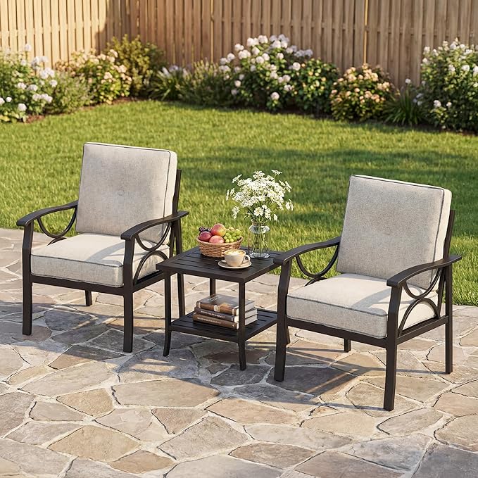 Outdoor Patio Furniture Set, 3 Pieces Metal Patio Conversation Set with Side Table for Garden Porch Backyard, Black