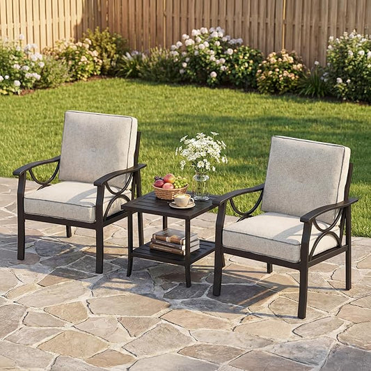 Outdoor Patio Furniture Set, 3 Pieces Metal Patio Conversation Set with Side Table for Garden Porch Backyard, Black