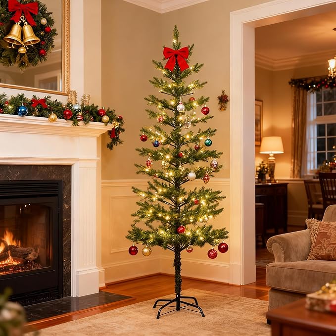 6FT 132 LED Minimalist Pre-Lit Slim Pencil Artificial Christmas Tree with Warm White Lights Scandinavian Style Decor Indoor Holiday Decoration Modern Xmas Tree
