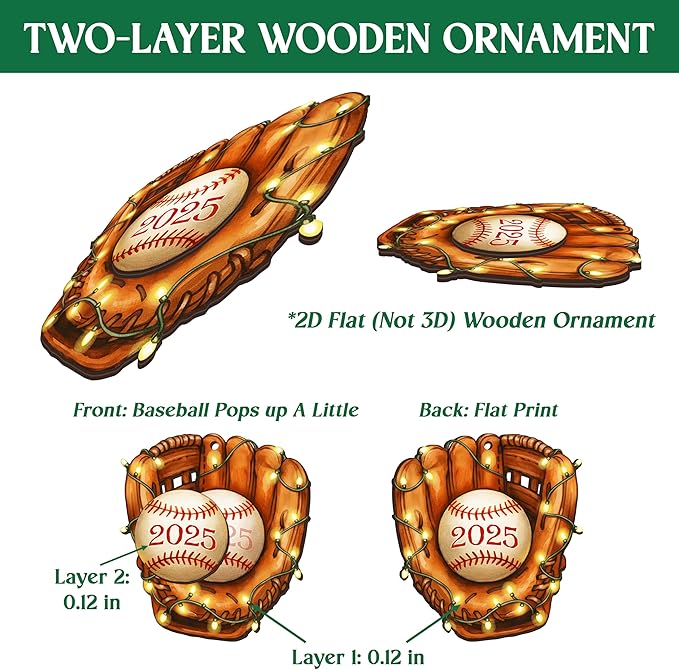 FLAGWIX Christmas Baseball Gifts for Boys 12-14 and 8-12, Baseball Ornament - 2D Flat Wooden Ornaments 2025 for Christmas Tree Decorations - Gifts for Boys Coach Team Sports Men, Sports Ornament Decor