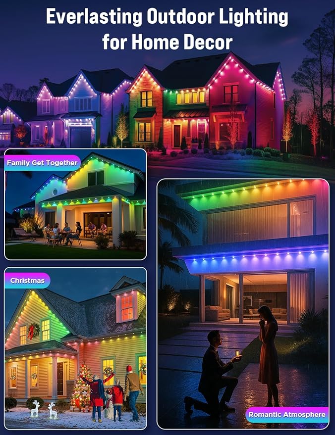 EcoNour 50 FT RGB LED Permanent Outdoor Lights | Smart Waterproof LED Eaves Lights with App & Remote Control | Music Sync, RGB Colorful Light | Alexa Smart Christmas Light for Decorations