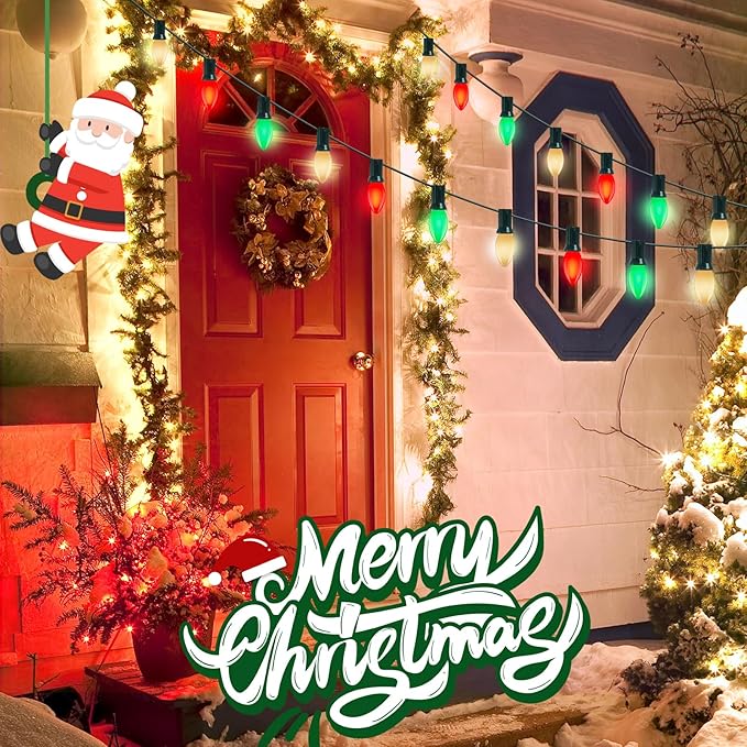C9 Red White and Green Christmas Lights Outdoor, 25Ft Vintage Christmas String Lights with 26 Multicolor Ceramic Bulbs, Hanging Christmas Decorations Lights Waterproof for Holidays Roofline Party