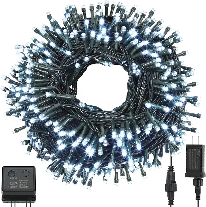 QUWIN White Christmas String Lights, 115Ft 300 LED UL Certified 8 Modes with End-to-End Plug, Indoor & Outdoor Fairy Light for Christmas Tree, Patio, Wedding, Party (115Ft Cool White)