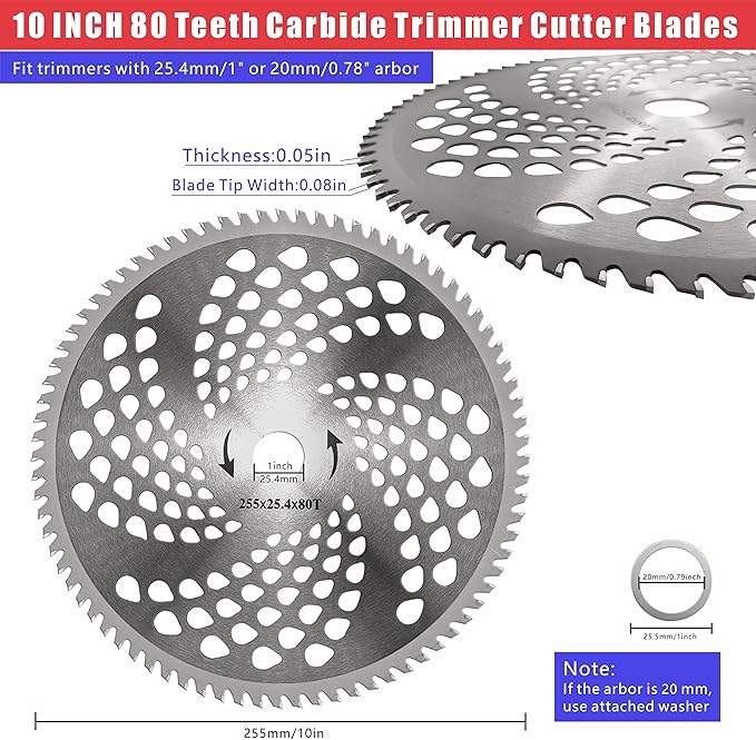 10" x 80 Teeth Carbide Tip Brush Cutter Blades Weed Trimmer Blade Head with Adapter Kit for Weed Eaters, for Husqvarna, Stihl Brush Cutter, String Trimmer, Lawn Mower(2 Pack)
