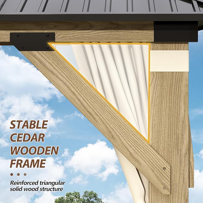 11 x 13 FT Wood Gazebo,Outdoor Wooden Hardtop Gazebo with Galvanized Steel Doule Roof,Cedar Wood Frame Gazebos with Netting&Curtains for Patio Backyard Deck