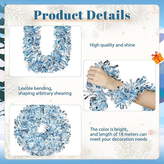 177 Feet Christmas Tinsel Garland Metallic Shiny Hanging Christmas Tree Tinsel Garland Ornaments for Indoor Outdoor Party Wedding Holiday(Blue White Silver)